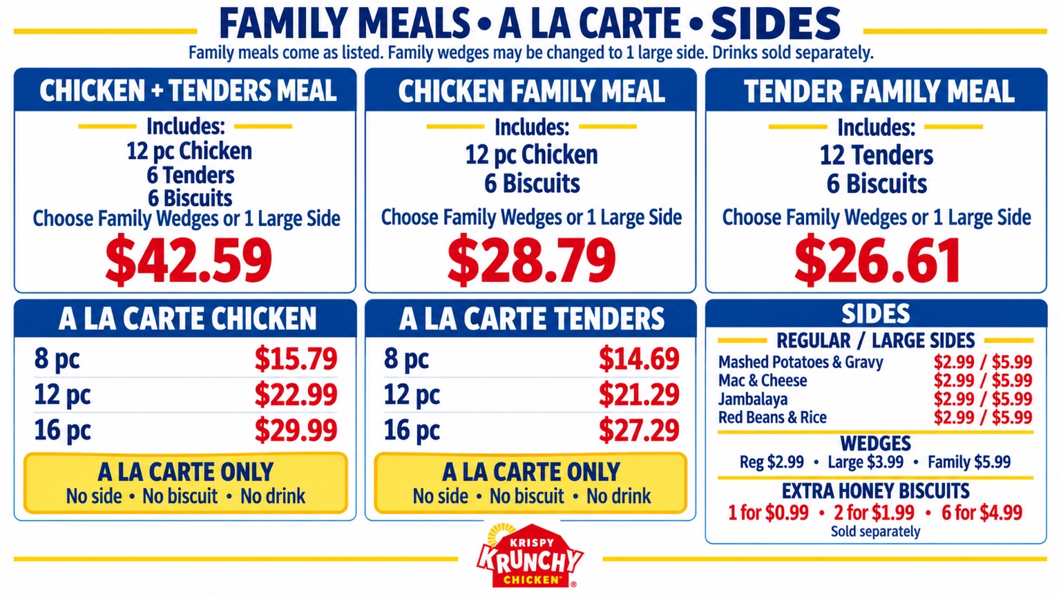 Family Meals · A La Carte · Sides menu board